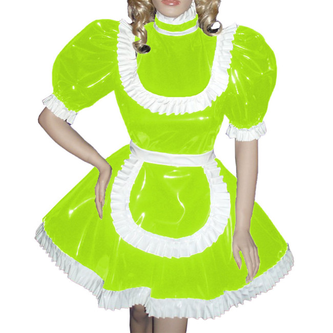 Sissy Turtleneck Puff Long Sleeve Ruffles Maid Uniforms Shiny PVC Leather A-line Pleated Maid Outfits Raves Party Maid Dresses