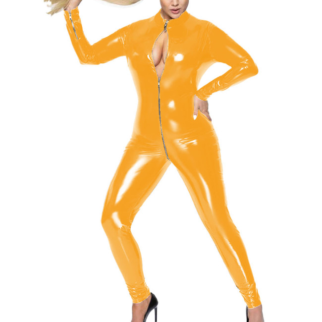 Women High Street Long Sleeve Faux PVC Leather Catsuit Sexy Open Crotch Front Zip Stretch Bodycon Jumpsuits Wetlook Clubwear 7XL