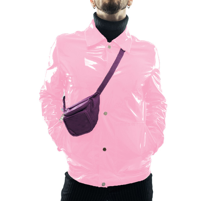 Men's Fashion Solid Color PVC Jackets Punk Long Sleeve Vinyl Faux Leather Turn-down Collar Coats with Pocket Club Button Jacket