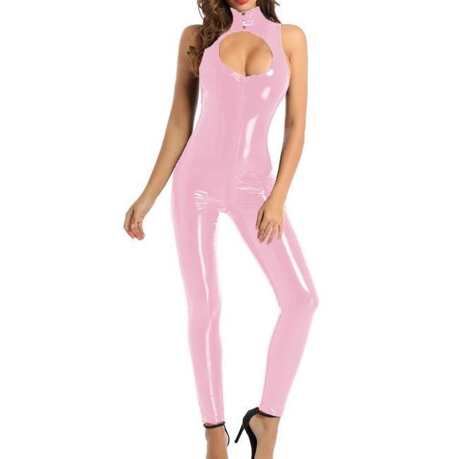 Sexy Nightclub Hollow Out PVC Shiny Jumpsuit Women High Neck Sleeveless Skinny Romper Lady Zipper Open Crotch Wet Look Catsuit