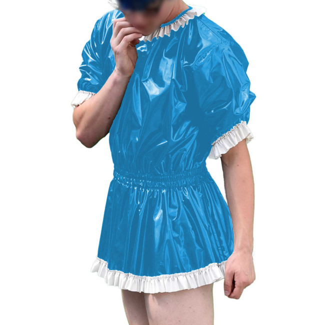 Mens Vinyl PVC Leather A-line Dress Sissy Cross-Dressing Costume Sexy High Waist Elastic Pleated Short Party Dress with Ruffles