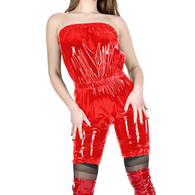 Wetlook Lady PVC Leather Off Shoulder Short Jumpsuit Woman Fashion Backless Elastic Club Wrap Rompers Exotic Cosplay Playsuit