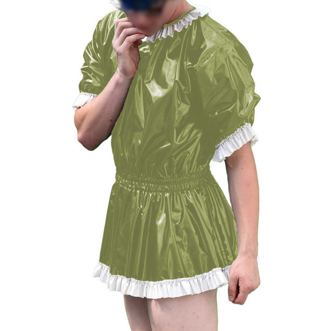 Mens Vinyl PVC Leather A-line Dress Sissy Cross-Dressing Costume Sexy High Waist Elastic Pleated Short Party Dress with Ruffles