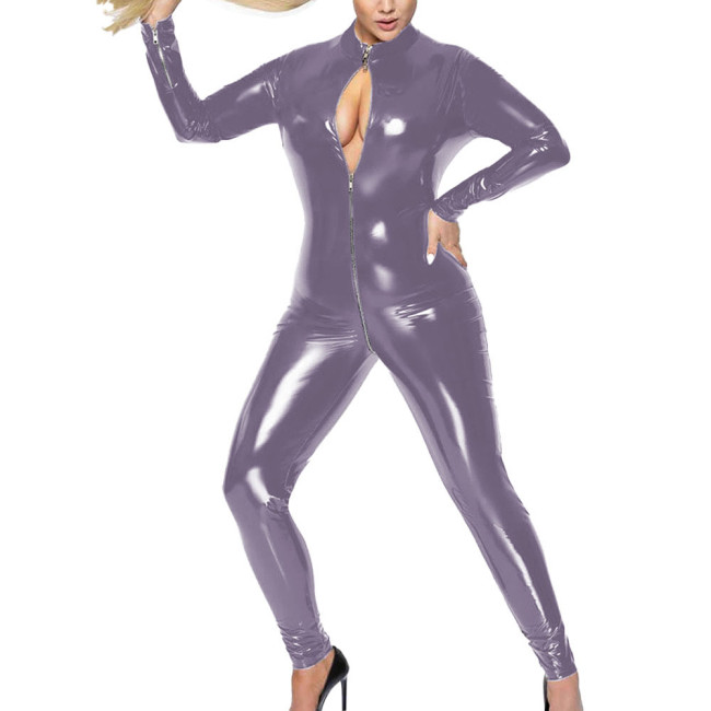 Women High Street Long Sleeve Faux PVC Leather Catsuit Sexy Open Crotch Front Zip Stretch Bodycon Jumpsuits Wetlook Clubwear 7XL