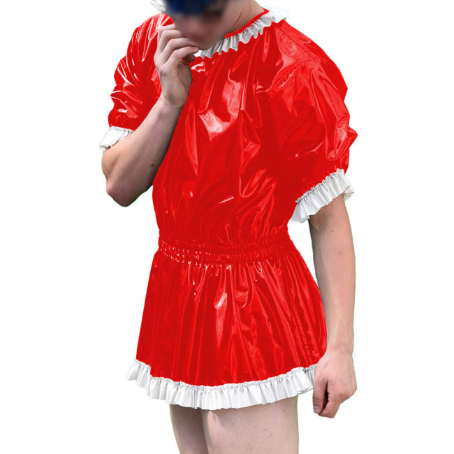 Mens Vinyl PVC Leather A-line Dress Sissy Cross-Dressing Costume Sexy High Waist Elastic Pleated Short Party Dress with Ruffles