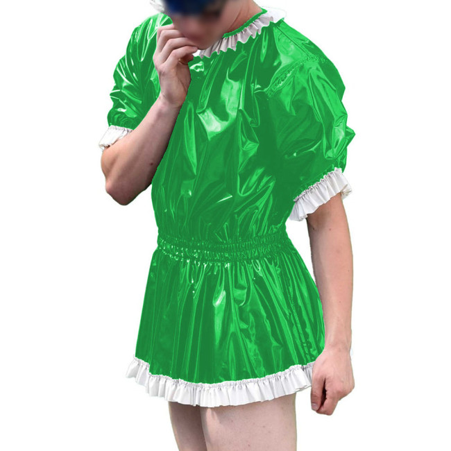 Mens Vinyl PVC Leather A-line Dress Sissy Cross-Dressing Costume Sexy High Waist Elastic Pleated Short Party Dress with Ruffles