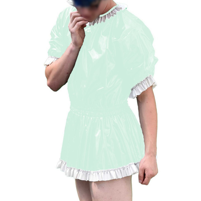Mens Vinyl PVC Leather A-line Dress Sissy Cross-Dressing Costume Sexy High Waist Elastic Pleated Short Party Dress with Ruffles