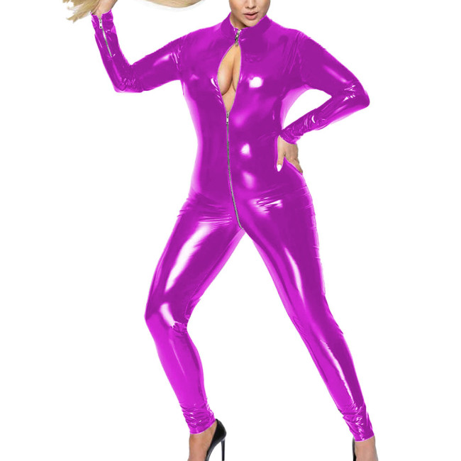 Women High Street Long Sleeve Faux PVC Leather Catsuit Sexy Open Crotch Front Zip Stretch Bodycon Jumpsuits Wetlook Clubwear 7XL