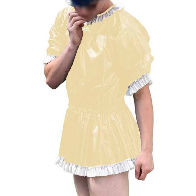 Mens Vinyl PVC Leather A-line Dress Sissy Cross-Dressing Costume Sexy High Waist Elastic Pleated Short Party Dress with Ruffles