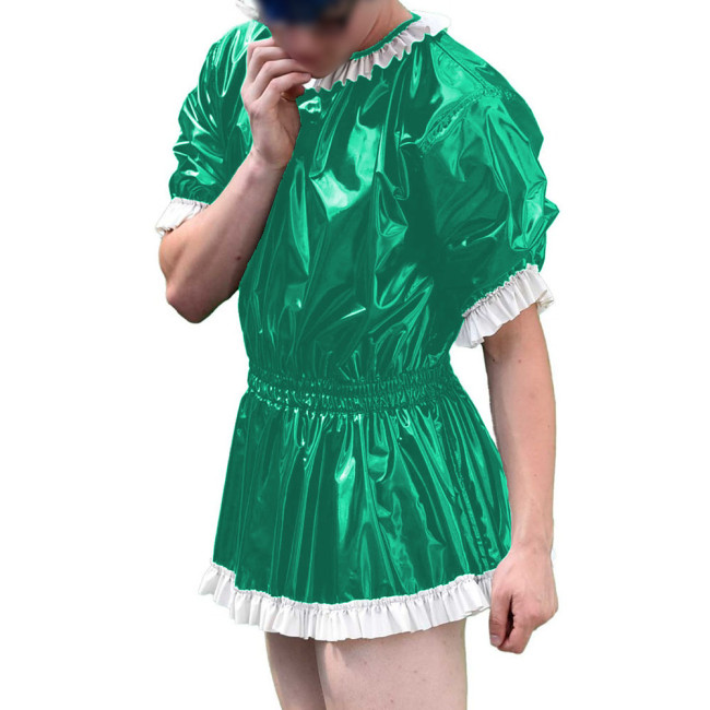 Mens Vinyl PVC Leather A-line Dress Sissy Cross-Dressing Costume Sexy High Waist Elastic Pleated Short Party Dress with Ruffles
