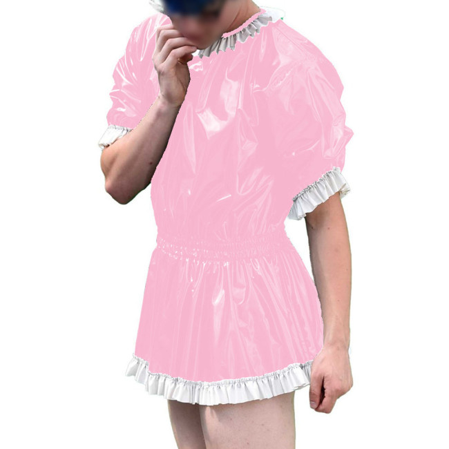 Mens Vinyl PVC Leather A-line Dress Sissy Cross-Dressing Costume Sexy High Waist Elastic Pleated Short Party Dress with Ruffles