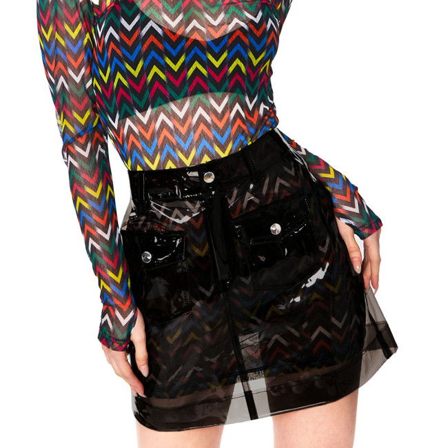 Fashion Women Party High Waist Clear Plastic Mini Skirts Punk Street Transparent PVC Pocket A-Line Skirt Raves Show Short Skirts