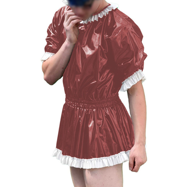 Mens Vinyl PVC Leather A-line Dress Sissy Cross-Dressing Costume Sexy High Waist Elastic Pleated Short Party Dress with Ruffles