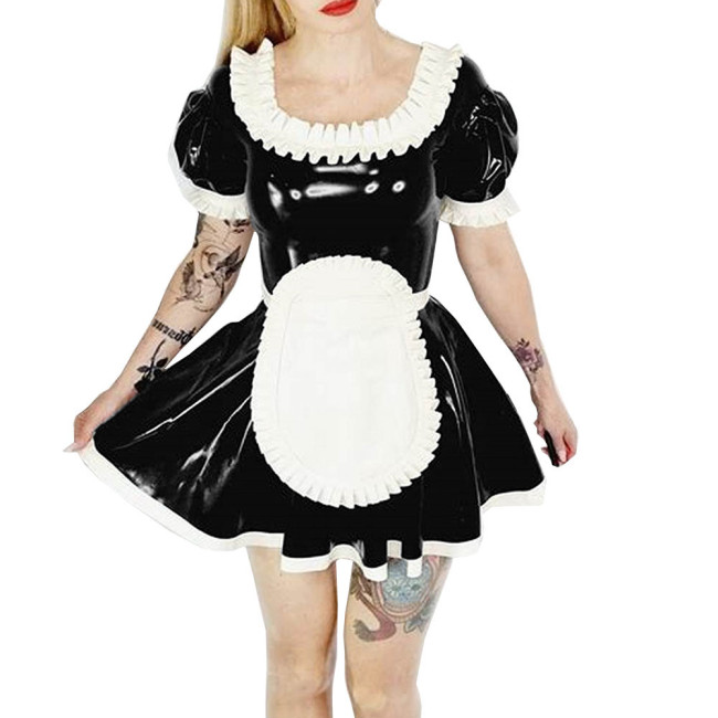 Anime Cosplay Short Puff Sleeve French Maid Dress with Apron Sweet Ruffles Shiny PVC Leather A-line Mini Maid Dress Party Wear