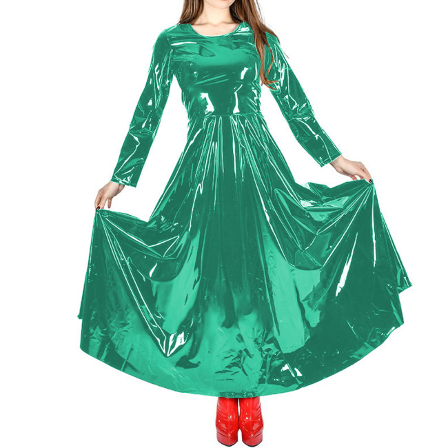 Office Lady Solid Color PVC Shiny Long Dress Womens Clothing Long Sleeve A-Line Maxi Pleated Dress Fashion Casual Party Clubwear