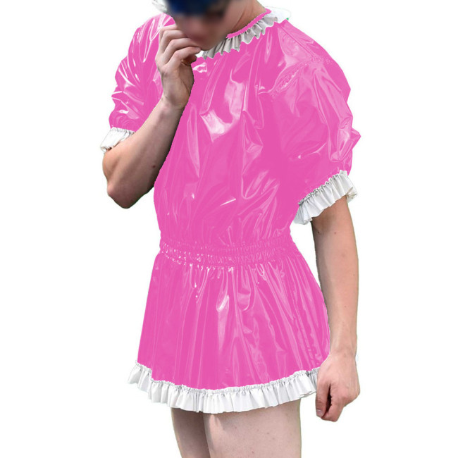 Mens Vinyl PVC Leather A-line Dress Sissy Cross-Dressing Costume Sexy High Waist Elastic Pleated Short Party Dress with Ruffles