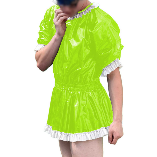 Mens Vinyl PVC Leather A-line Dress Sissy Cross-Dressing Costume Sexy High Waist Elastic Pleated Short Party Dress with Ruffles