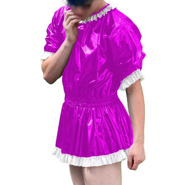 Mens Vinyl PVC Leather A-line Dress Sissy Cross-Dressing Costume Sexy High Waist Elastic Pleated Short Party Dress with Ruffles