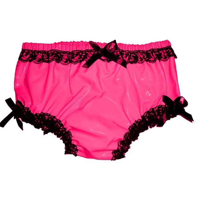Sexy Glossy PVC Leather Briefs Exotic Black Lace Trims Panties Wetlook Men Women Lingerie Hot Pants Dance Pole Nightclub Costume