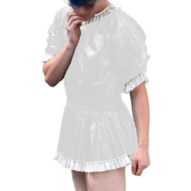 Mens Vinyl PVC Leather A-line Dress Sissy Cross-Dressing Costume Sexy High Waist Elastic Pleated Short Party Dress with Ruffles