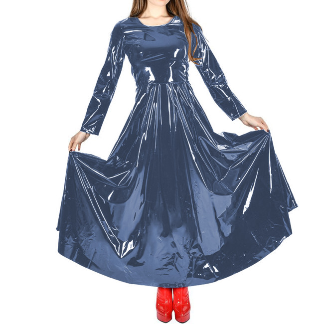 Office Lady Solid Color PVC Shiny Long Dress Womens Clothing Long Sleeve A-Line Maxi Pleated Dress Fashion Casual Party Clubwear