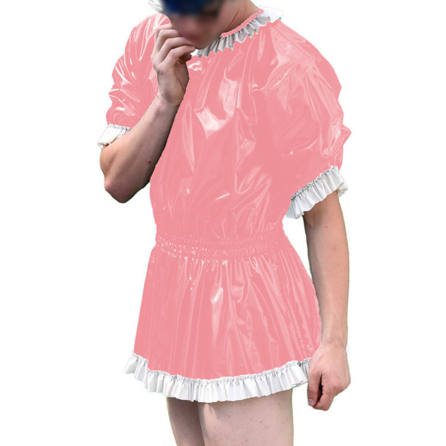 Mens Vinyl PVC Leather A-line Dress Sissy Cross-Dressing Costume Sexy High Waist Elastic Pleated Short Party Dress with Ruffles