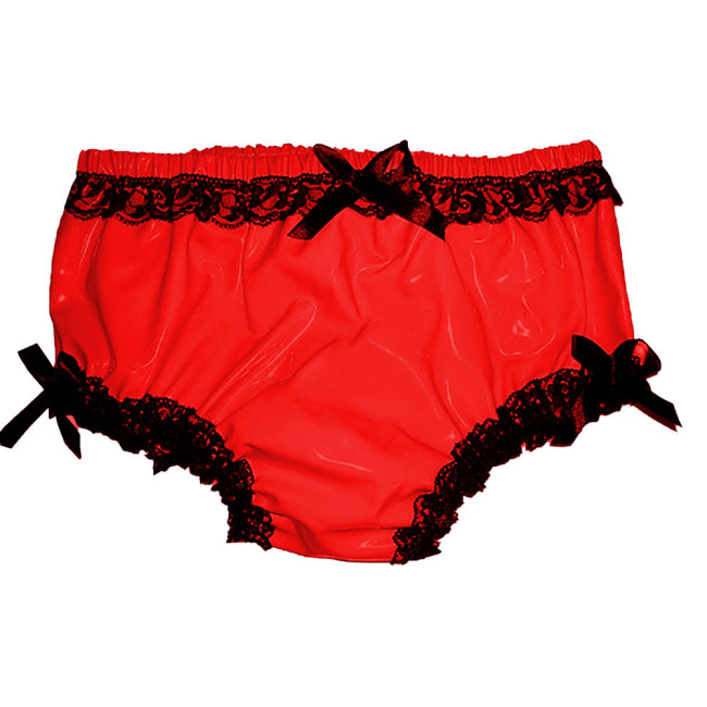 Sexy Glossy PVC Leather Briefs Exotic Black Lace Trims Panties Wetlook Men Women Lingerie Hot Pants Dance Pole Nightclub Costume