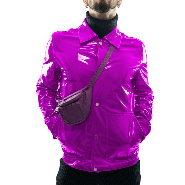 Men's Fashion Solid Color PVC Jackets Punk Long Sleeve Vinyl Faux Leather Turn-down Collar Coats with Pocket Club Button Jacket