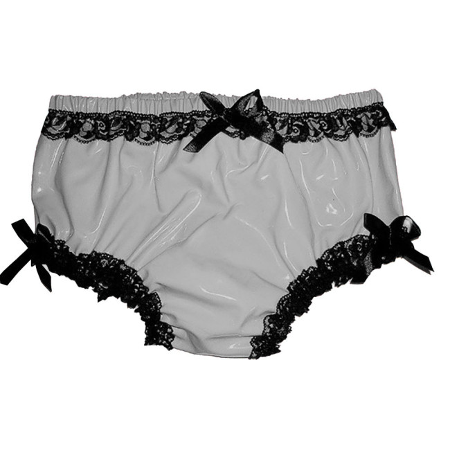 Sexy Glossy PVC Leather Briefs Exotic Black Lace Trims Panties Wetlook Men Women Lingerie Hot Pants Dance Pole Nightclub Costume
