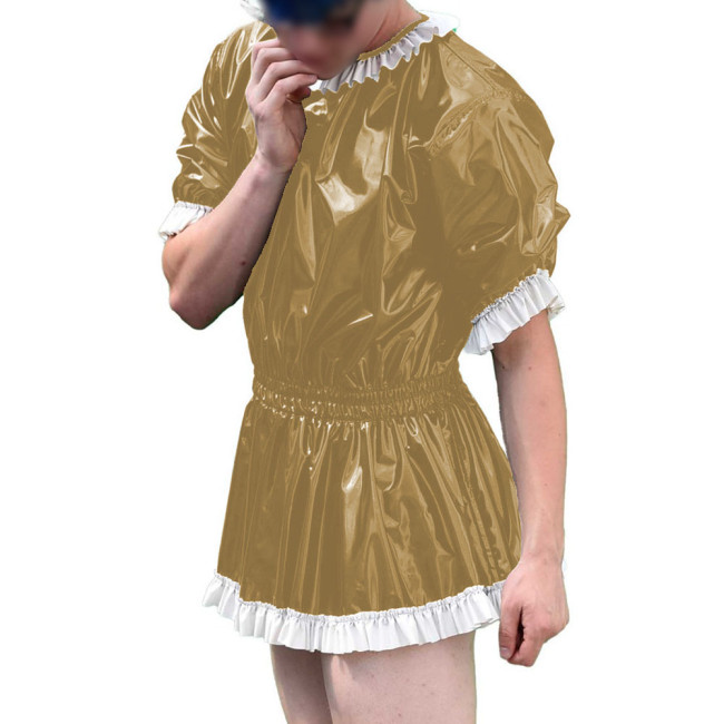 Mens Vinyl PVC Leather A-line Dress Sissy Cross-Dressing Costume Sexy High Waist Elastic Pleated Short Party Dress with Ruffles