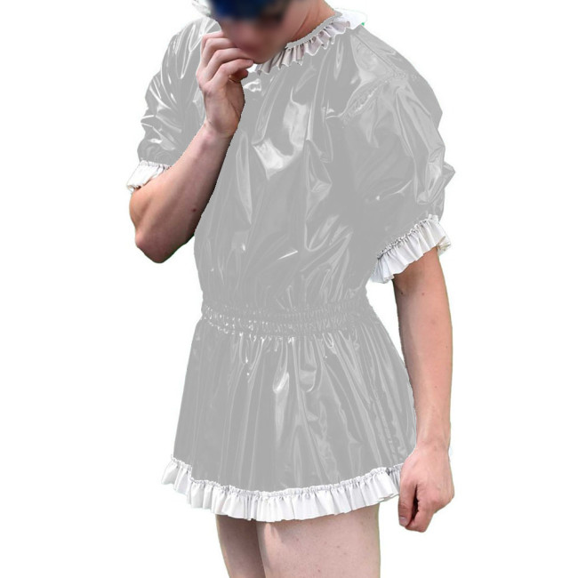 Mens Vinyl PVC Leather A-line Dress Sissy Cross-Dressing Costume Sexy High Waist Elastic Pleated Short Party Dress with Ruffles