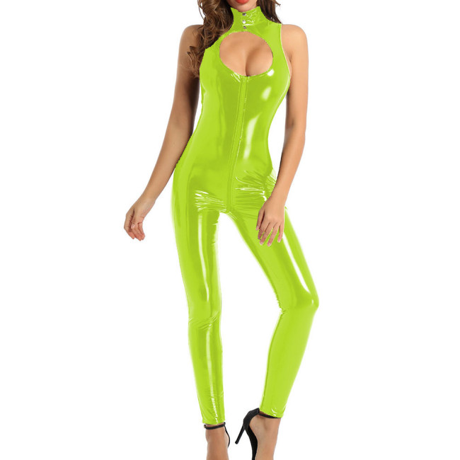 Sexy Nightclub Hollow Out PVC Shiny Jumpsuit Women High Neck Sleeveless Skinny Romper Lady Zipper Open Crotch Wet Look Catsuit