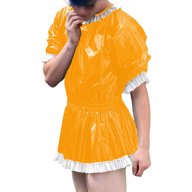 Mens Vinyl PVC Leather A-line Dress Sissy Cross-Dressing Costume Sexy High Waist Elastic Pleated Short Party Dress with Ruffles