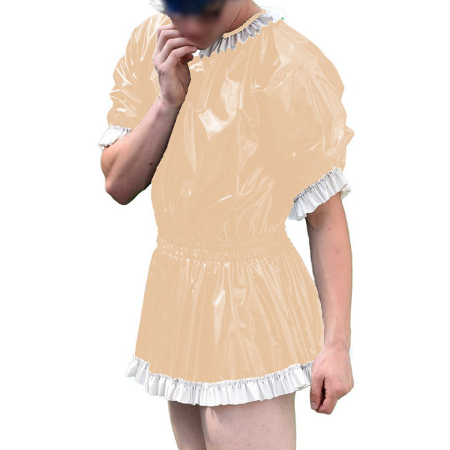 Mens Vinyl PVC Leather A-line Dress Sissy Cross-Dressing Costume Sexy High Waist Elastic Pleated Short Party Dress with Ruffles