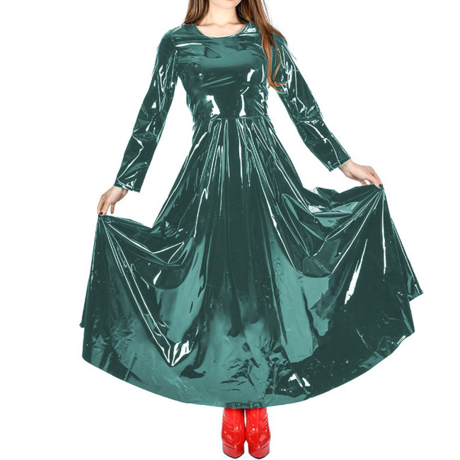 Office Lady Solid Color PVC Shiny Long Dress Womens Clothing Long Sleeve A-Line Maxi Pleated Dress Fashion Casual Party Clubwear