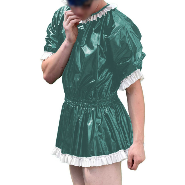 Mens Vinyl PVC Leather A-line Dress Sissy Cross-Dressing Costume Sexy High Waist Elastic Pleated Short Party Dress with Ruffles