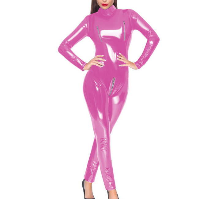 Womens Long Sleeve Zipper Openc Crotch Jumpsuit Exotic Open Chest High Neck Vinyl PVC Leather Catsuit Wetlook Bodysuit Clubwear