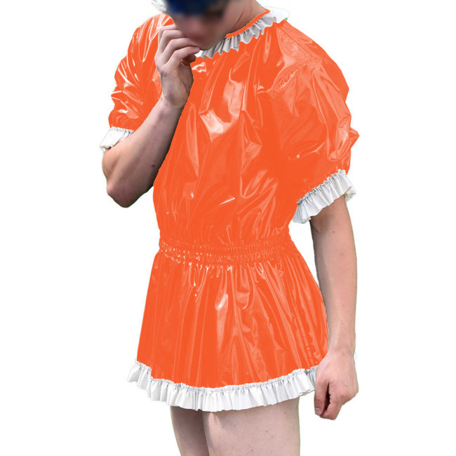 Mens Vinyl PVC Leather A-line Dress Sissy Cross-Dressing Costume Sexy High Waist Elastic Pleated Short Party Dress with Ruffles