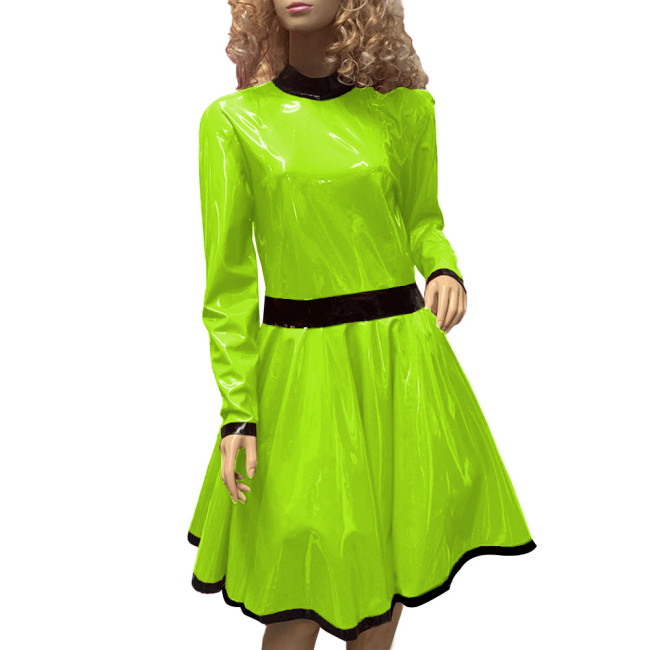 Wetlook Long Sleeve Formal Party A-line Dress Elegant Lady Patchwork High Waist PVC Leather Short Dresses Night Club Outfits 7XL