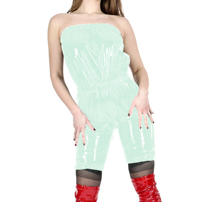Wetlook Lady PVC Leather Off Shoulder Short Jumpsuit Woman Fashion Backless Elastic Club Wrap Rompers Exotic Cosplay Playsuit