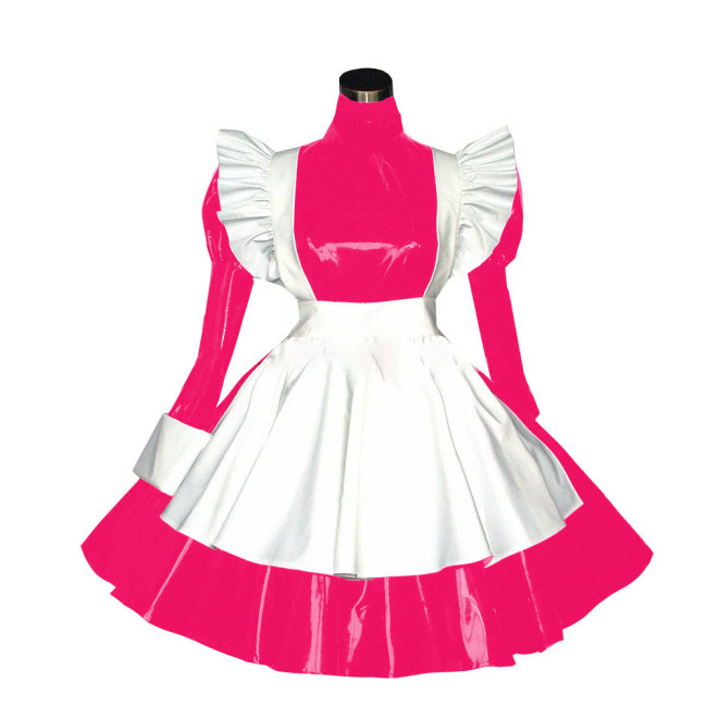 Sissy Lolita Shiny PVC Leather A-line Pleated Maid Dress Sets Sweet Party Cosplay Long Sleeve French Apron Maid Dress Uniforms