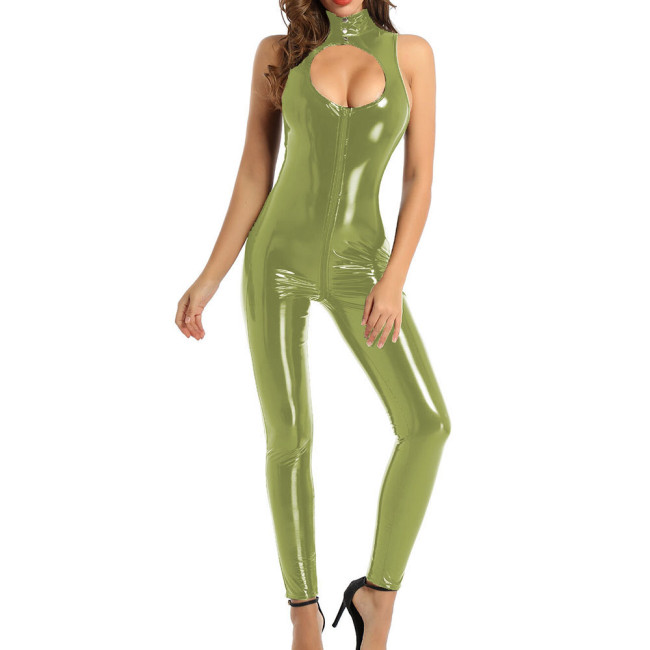 Sexy Nightclub Hollow Out PVC Shiny Jumpsuit Women High Neck Sleeveless Skinny Romper Lady Zipper Open Crotch Wet Look Catsuit