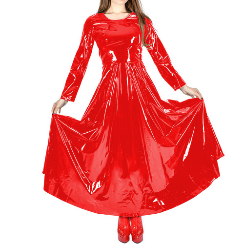 Office Lady Solid Color PVC Shiny Long Dress Womens Clothing Long Sleeve A-Line Maxi Pleated Dress Fashion Casual Party Clubwear