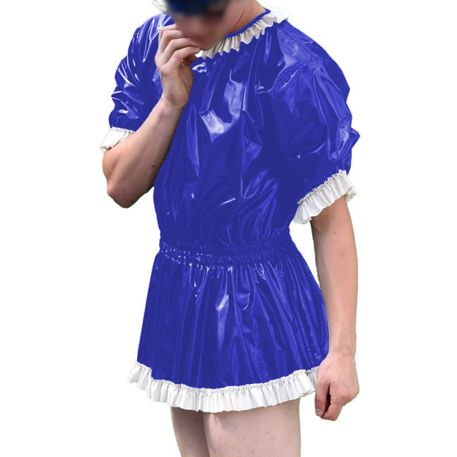Mens Vinyl PVC Leather A-line Dress Sissy Cross-Dressing Costume Sexy High Waist Elastic Pleated Short Party Dress with Ruffles