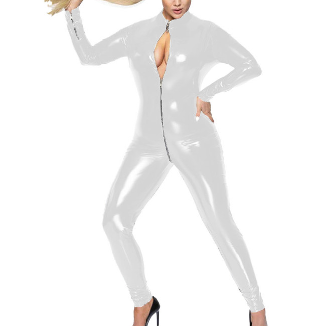 Women High Street Long Sleeve Faux PVC Leather Catsuit Sexy Open Crotch Front Zip Stretch Bodycon Jumpsuits Wetlook Clubwear 7XL