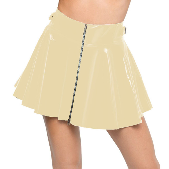 Ladies Zipper High Waist Mini Pleated Skirt Women Sexy Shiny PVC Leather Wet Look Nightclub Short A-line Skirt Female Clubwear