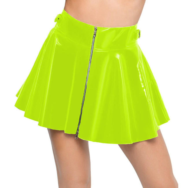 Ladies Zipper High Waist Mini Pleated Skirt Women Sexy Shiny PVC Leather Wet Look Nightclub Short A-line Skirt Female Clubwear