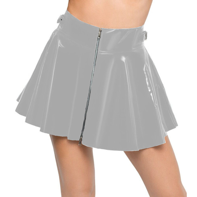 Ladies Zipper High Waist Mini Pleated Skirt Women Sexy Shiny PVC Leather Wet Look Nightclub Short A-line Skirt Female Clubwear