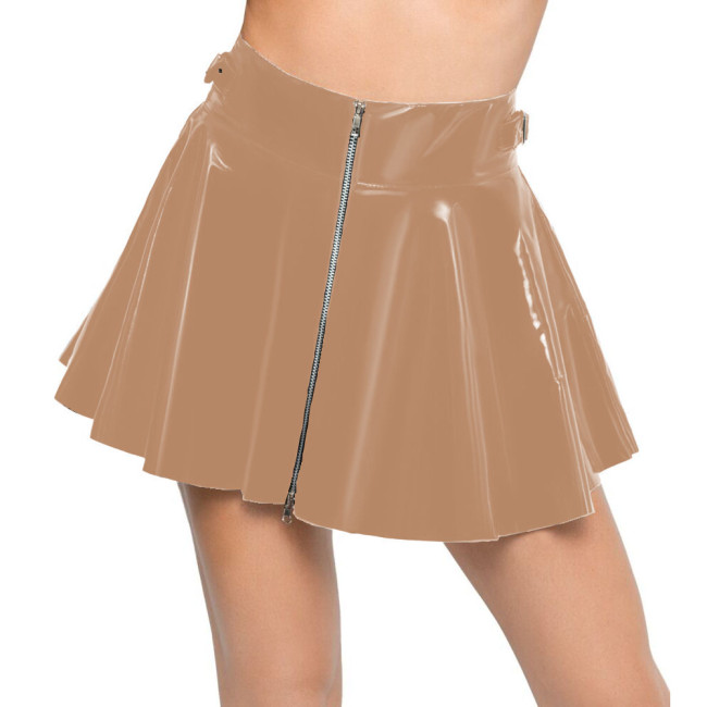 Ladies Zipper High Waist Mini Pleated Skirt Women Sexy Shiny PVC Leather Wet Look Nightclub Short A-line Skirt Female Clubwear