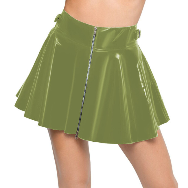 Ladies Zipper High Waist Mini Pleated Skirt Women Sexy Shiny PVC Leather Wet Look Nightclub Short A-line Skirt Female Clubwear